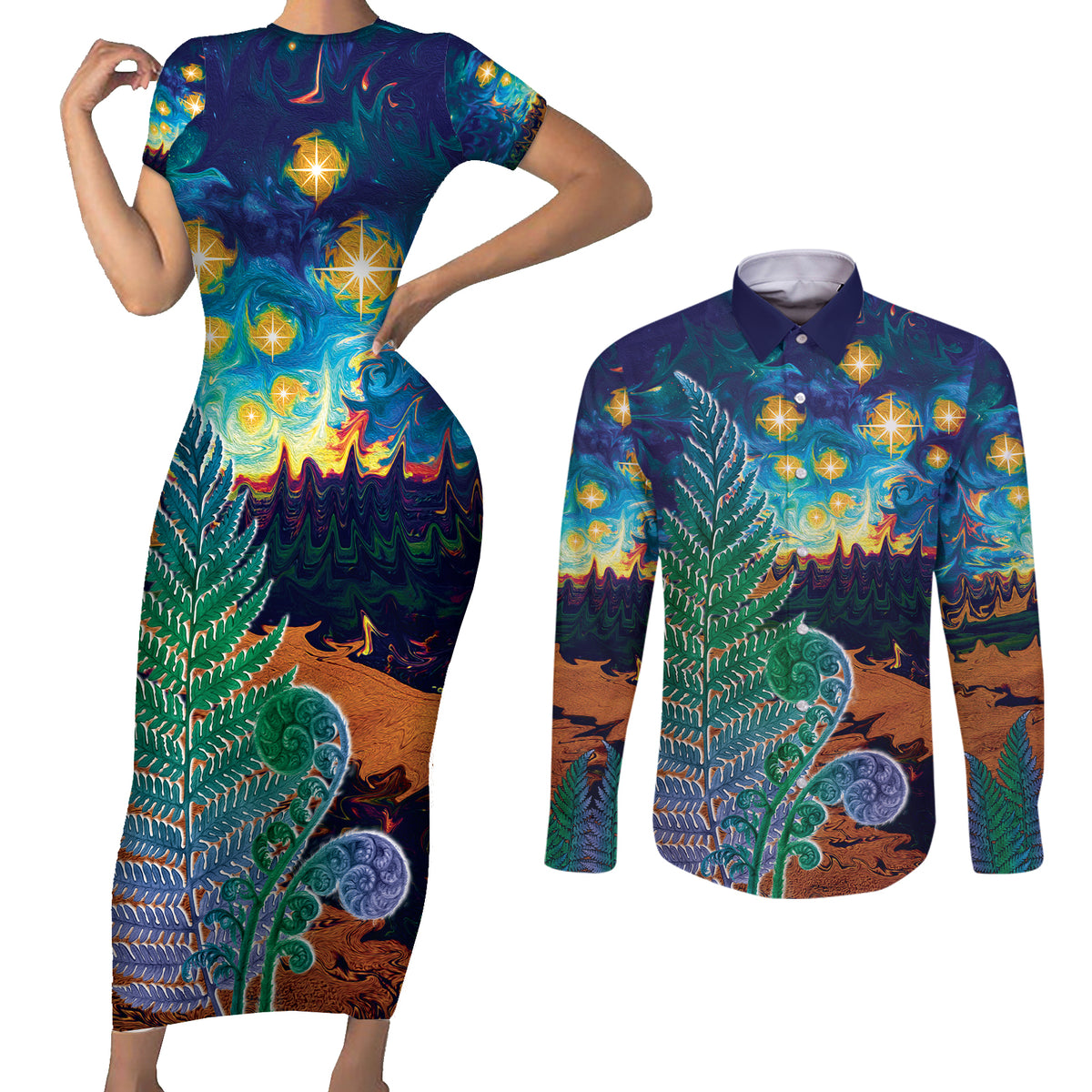 Personalised New Zealand Matariki Art Star Couples Matching Short Sleeve Bodycon Dress and Long Sleeve Button Shirt Koru Fern Night Starry Sky LT9 Black - Polynesian Pride