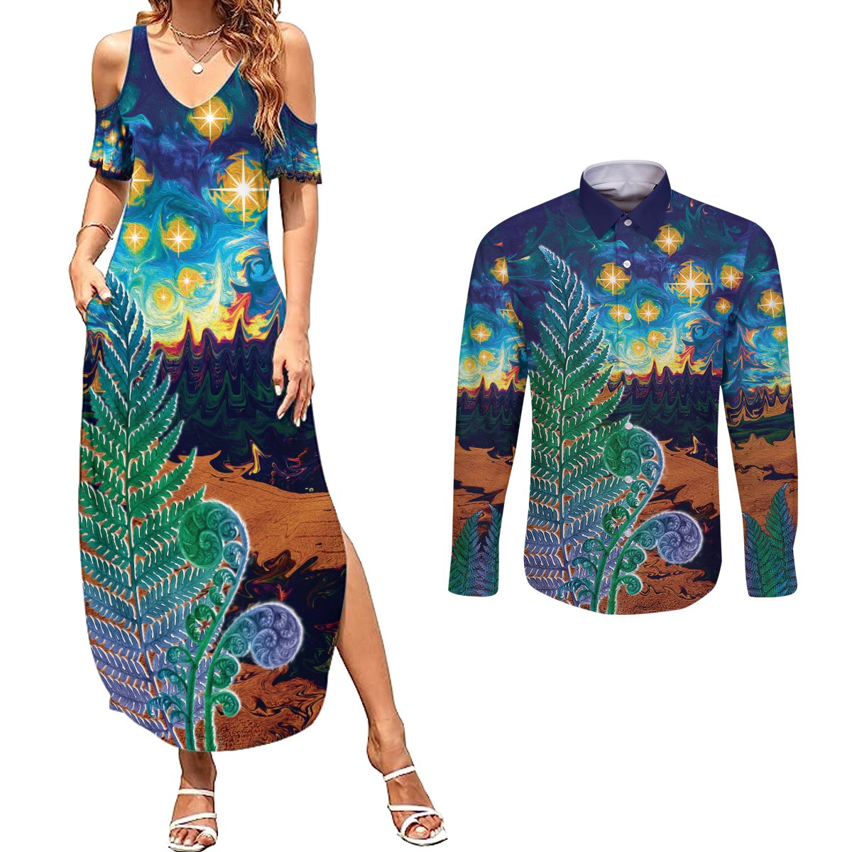 Personalised New Zealand Matariki Art Star Couples Matching Summer Maxi Dress and Long Sleeve Button Shirt Koru Fern Night Starry Sky LT9 Black - Polynesian Pride