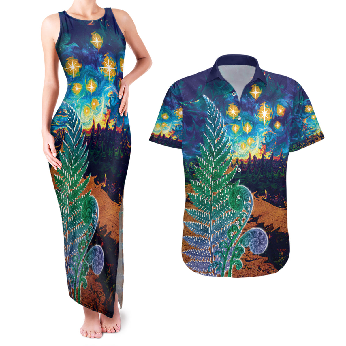 Personalised New Zealand Matariki Art Star Couples Matching Tank Maxi Dress and Hawaiian Shirt Koru Fern Night Starry Sky LT9 Black - Polynesian Pride