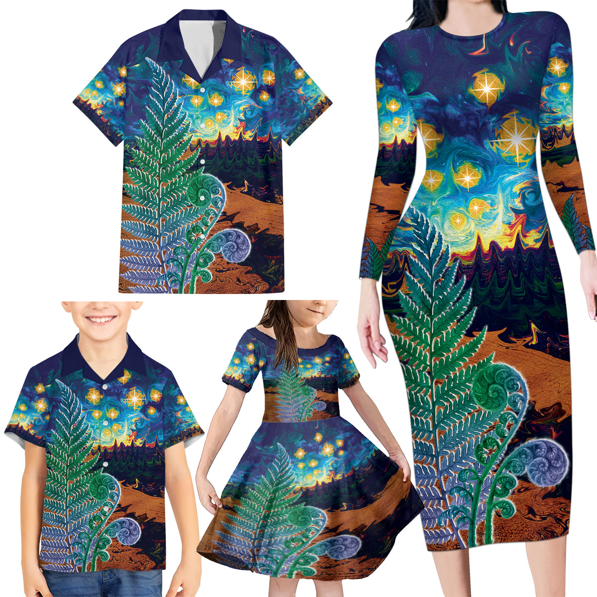 Personalised New Zealand Matariki Art Star Family Matching Long Sleeve Bodycon Dress and Hawaiian Shirt Koru Fern Night Starry Sky LT9 - Polynesian Pride