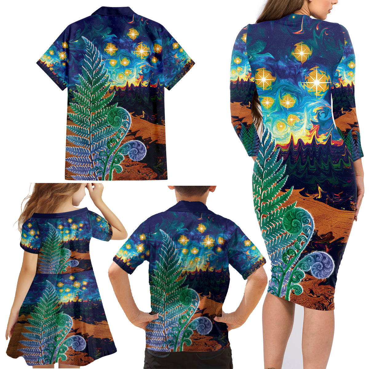Personalised New Zealand Matariki Art Star Family Matching Long Sleeve Bodycon Dress and Hawaiian Shirt Koru Fern Night Starry Sky LT9 - Polynesian Pride