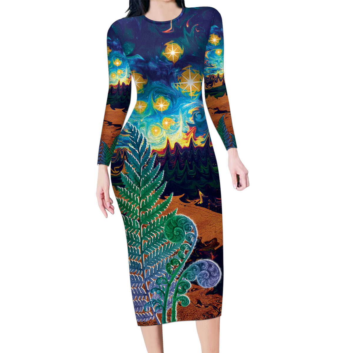 Personalised New Zealand Matariki Art Star Family Matching Long Sleeve Bodycon Dress and Hawaiian Shirt Koru Fern Night Starry Sky LT9 Mom's Dress Black - Polynesian Pride