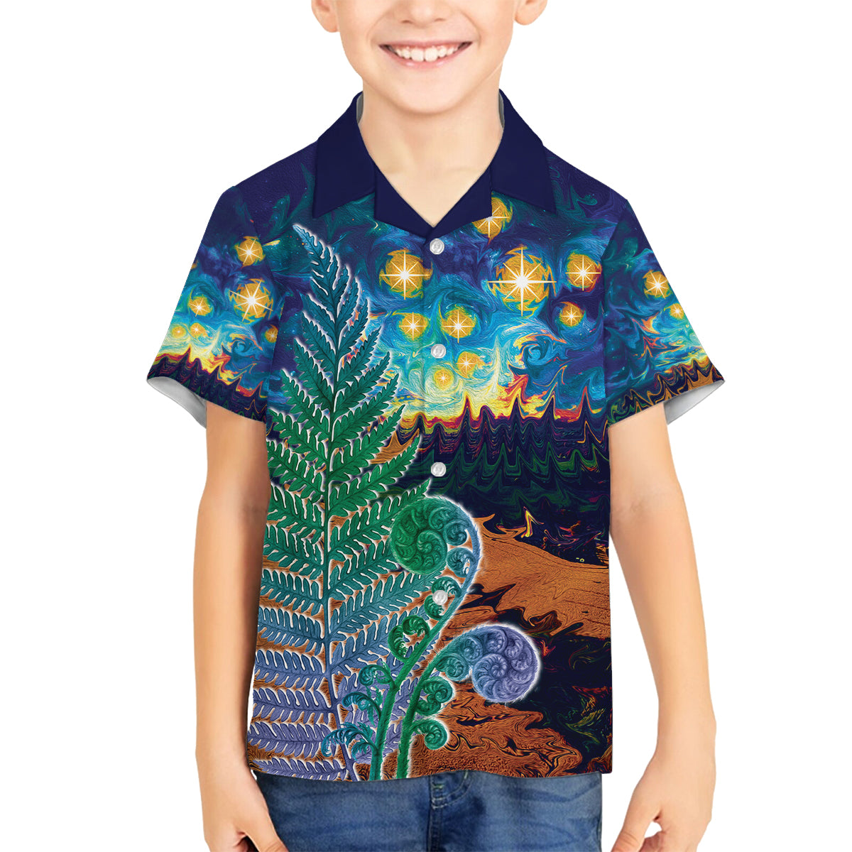 Personalised New Zealand Matariki Art Star Family Matching Long Sleeve Bodycon Dress and Hawaiian Shirt Koru Fern Night Starry Sky LT9 Son's Shirt Black - Polynesian Pride