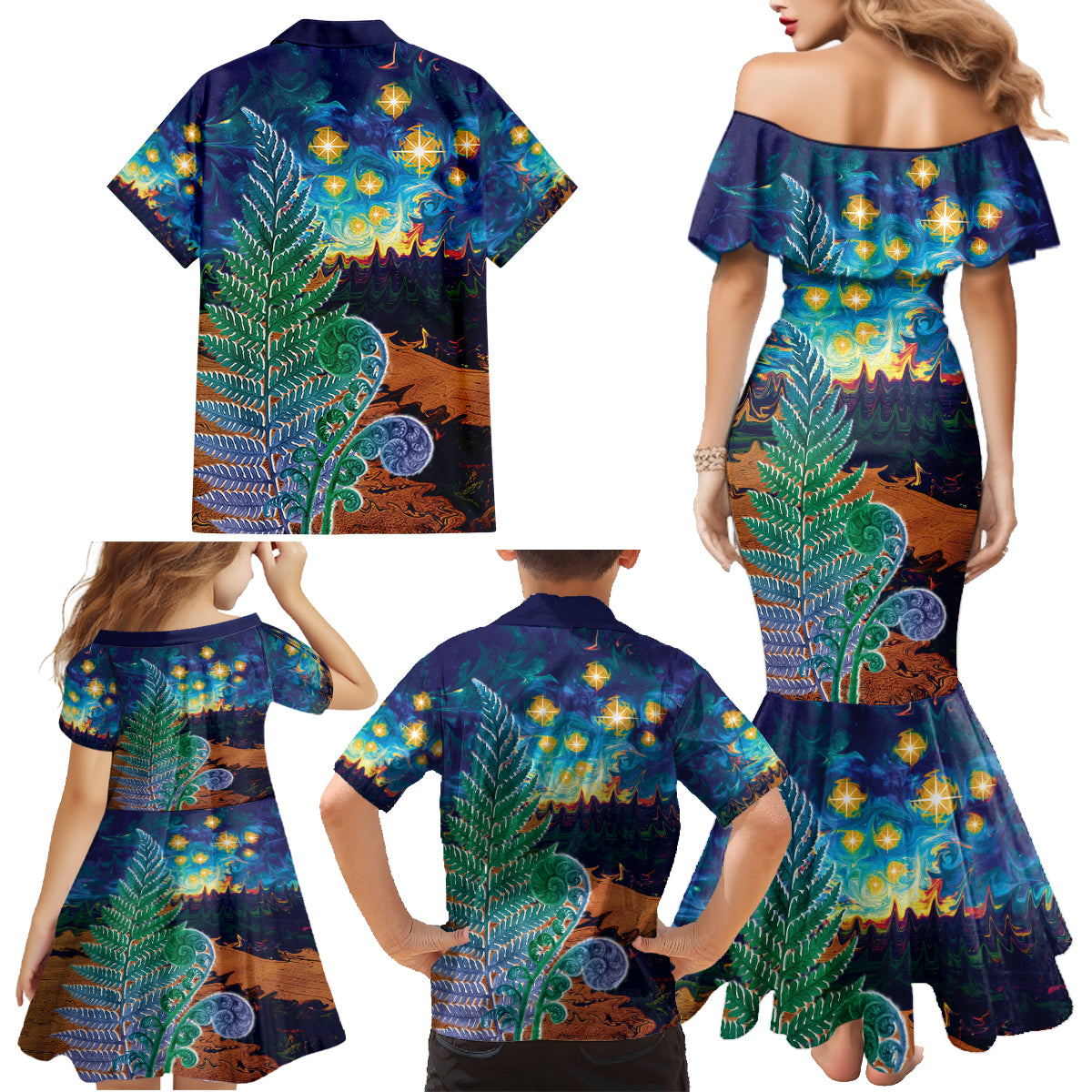 Personalised New Zealand Matariki Art Star Family Matching Mermaid Dress and Hawaiian Shirt Koru Fern Night Starry Sky LT9 - Polynesian Pride