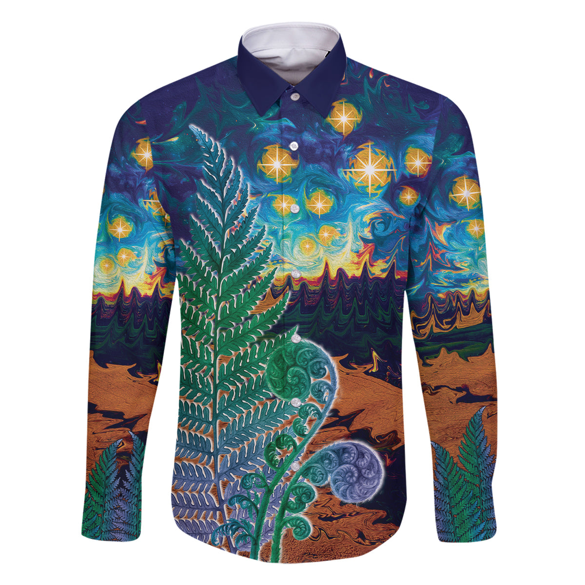 Personalised New Zealand Matariki Art Star Family Matching Mermaid Dress and Hawaiian Shirt Koru Fern Night Starry Sky LT9 Dad's Shirt - Long Sleeve Black - Polynesian Pride