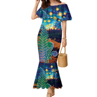 Personalised New Zealand Matariki Art Star Family Matching Mermaid Dress and Hawaiian Shirt Koru Fern Night Starry Sky LT9 Mom's Dress Black - Polynesian Pride
