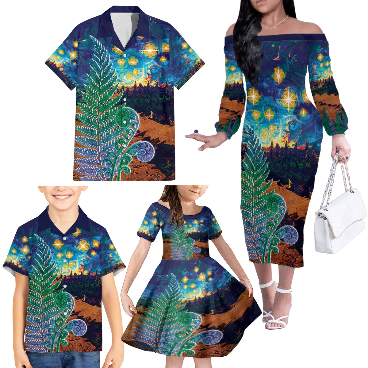 Personalised New Zealand Matariki Art Star Family Matching Off The Shoulder Long Sleeve Dress and Hawaiian Shirt Koru Fern Night Starry Sky LT9 - Polynesian Pride
