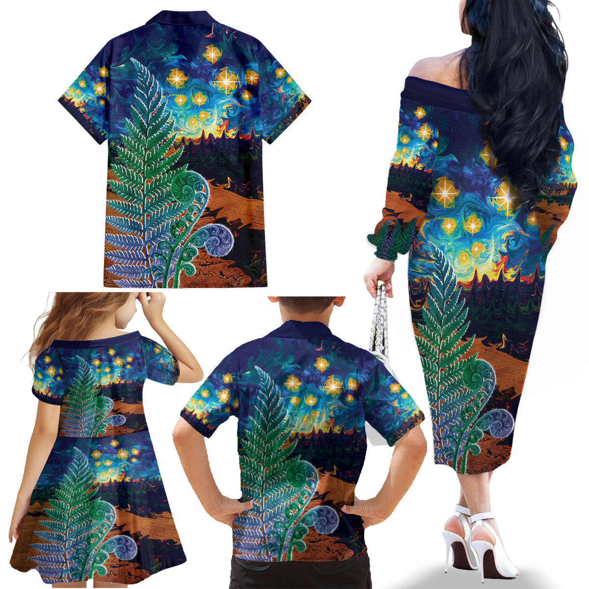 Personalised New Zealand Matariki Art Star Family Matching Off The Shoulder Long Sleeve Dress and Hawaiian Shirt Koru Fern Night Starry Sky LT9 - Polynesian Pride