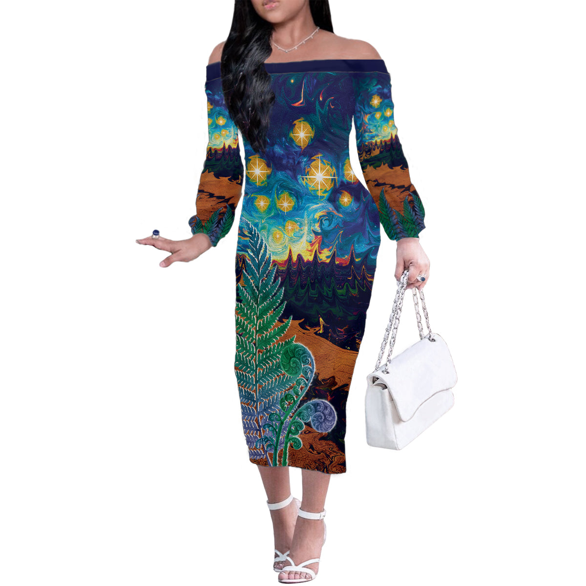 Personalised New Zealand Matariki Art Star Family Matching Off The Shoulder Long Sleeve Dress and Hawaiian Shirt Koru Fern Night Starry Sky LT9 Mom's Dress Black - Polynesian Pride