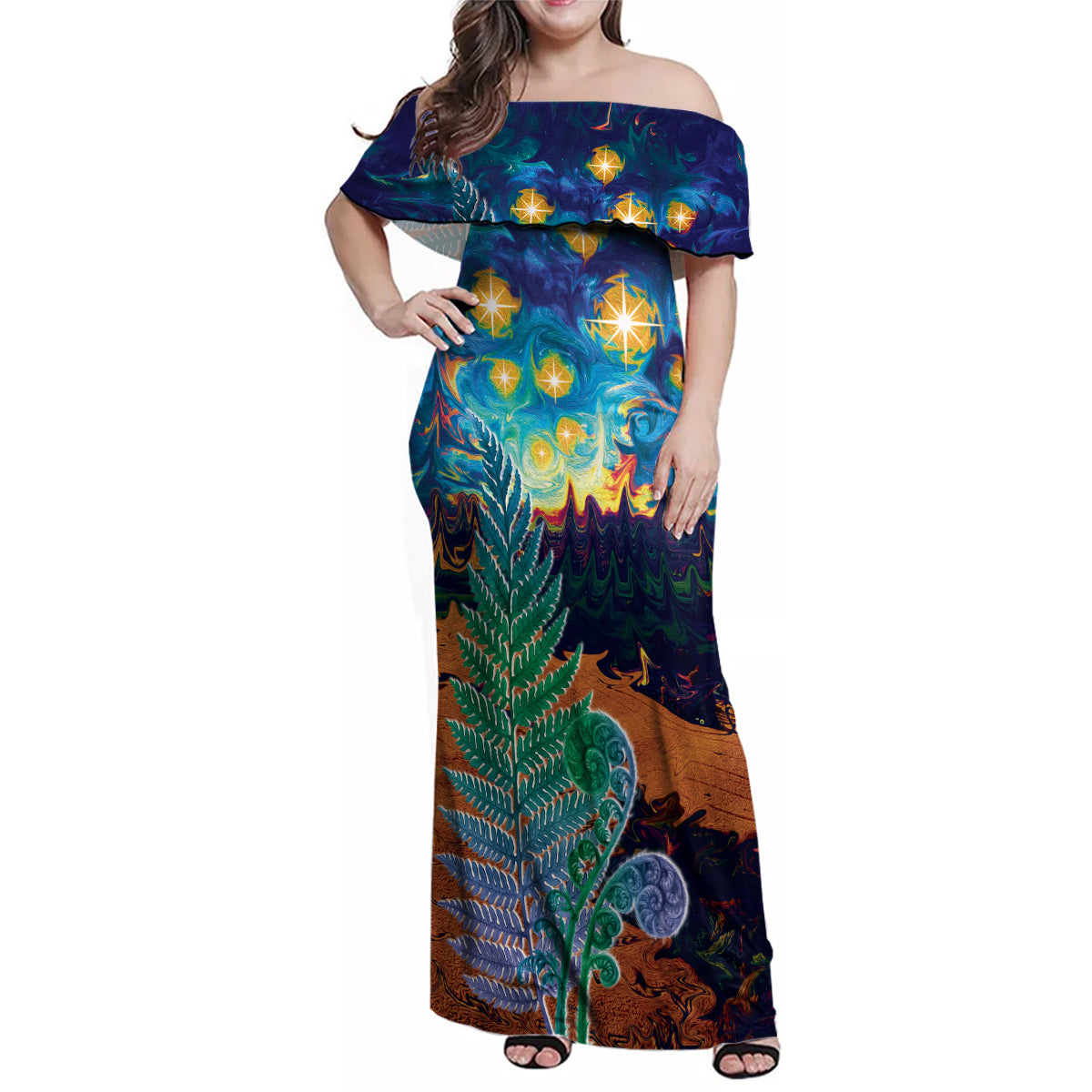 Personalised New Zealand Matariki Art Star Family Matching Off Shoulder Maxi Dress and Hawaiian Shirt Koru Fern Night Starry Sky LT9 Mom's Dress Black - Polynesian Pride