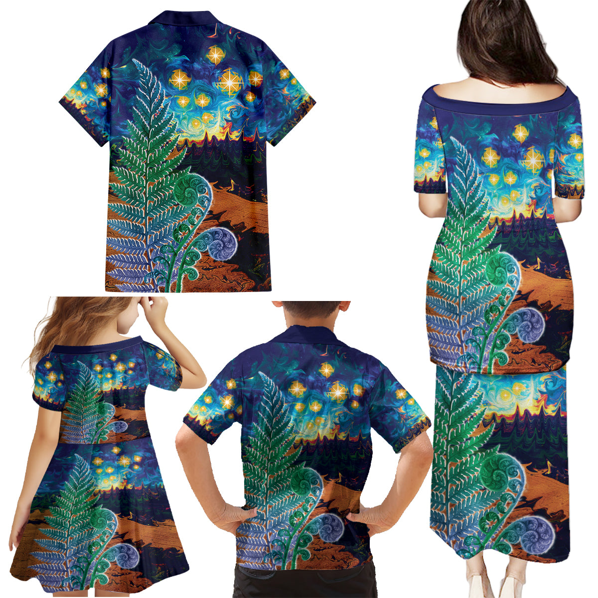 Personalised New Zealand Matariki Art Star Family Matching Puletasi and Hawaiian Shirt Koru Fern Night Starry Sky LT9 - Polynesian Pride