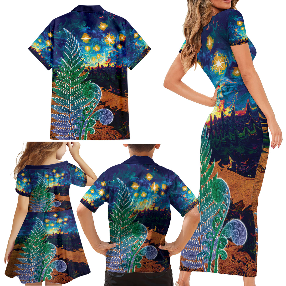 Personalised New Zealand Matariki Art Star Family Matching Short Sleeve Bodycon Dress and Hawaiian Shirt Koru Fern Night Starry Sky LT9 - Polynesian Pride