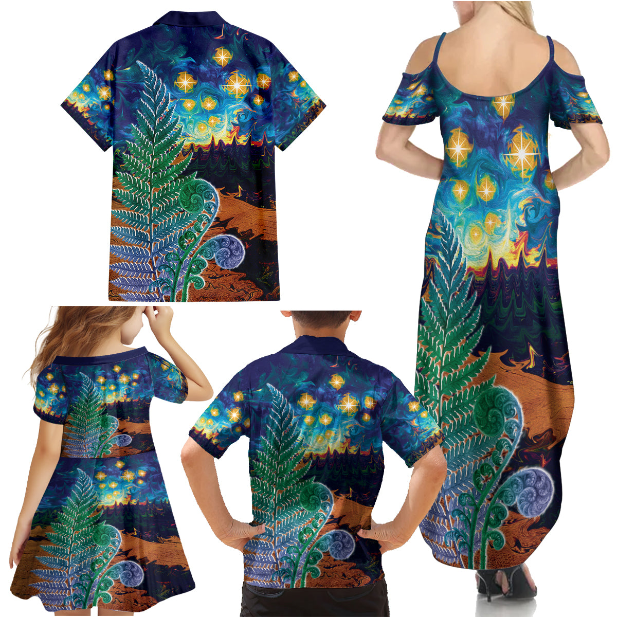 Personalised New Zealand Matariki Art Star Family Matching Summer Maxi Dress and Hawaiian Shirt Koru Fern Night Starry Sky LT9 - Polynesian Pride