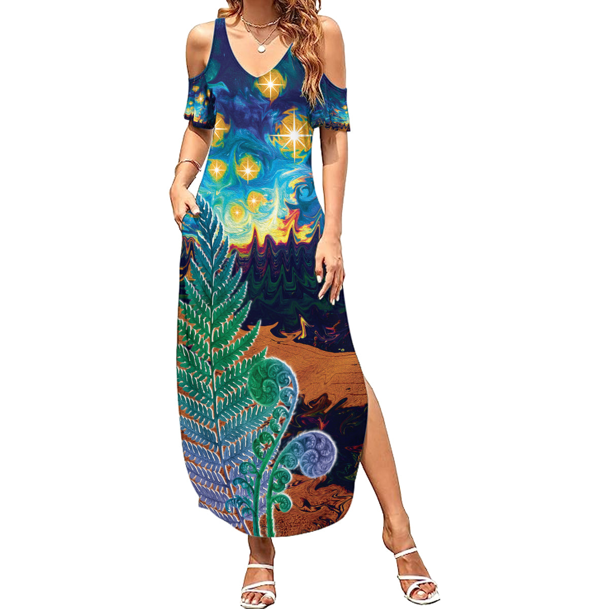 Personalised New Zealand Matariki Art Star Family Matching Summer Maxi Dress and Hawaiian Shirt Koru Fern Night Starry Sky LT9 Mom's Dress Black - Polynesian Pride