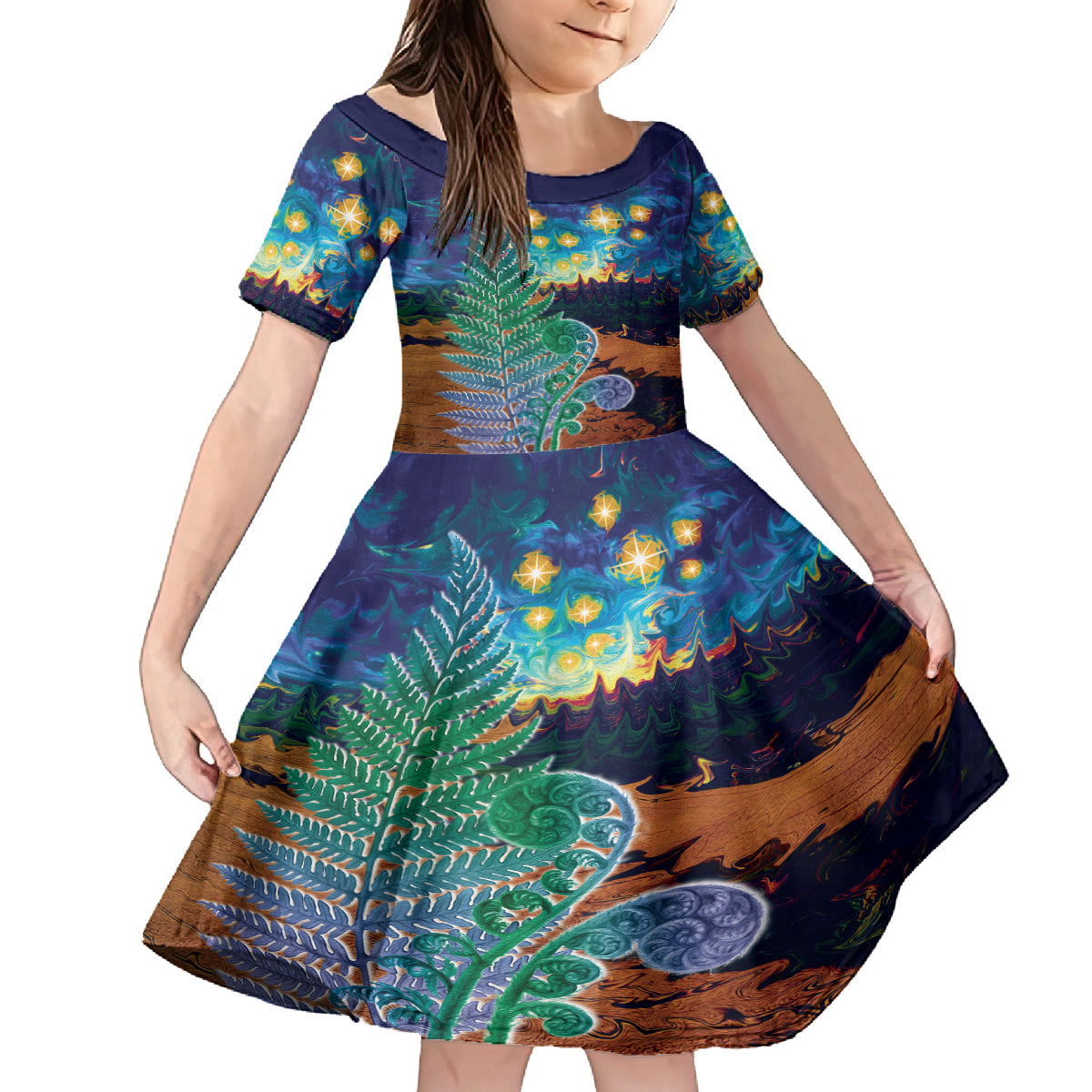 Personalised New Zealand Matariki Art Star Family Matching Tank Maxi Dress and Hawaiian Shirt Koru Fern Night Starry Sky LT9 Daughter's Dress Black - Polynesian Pride