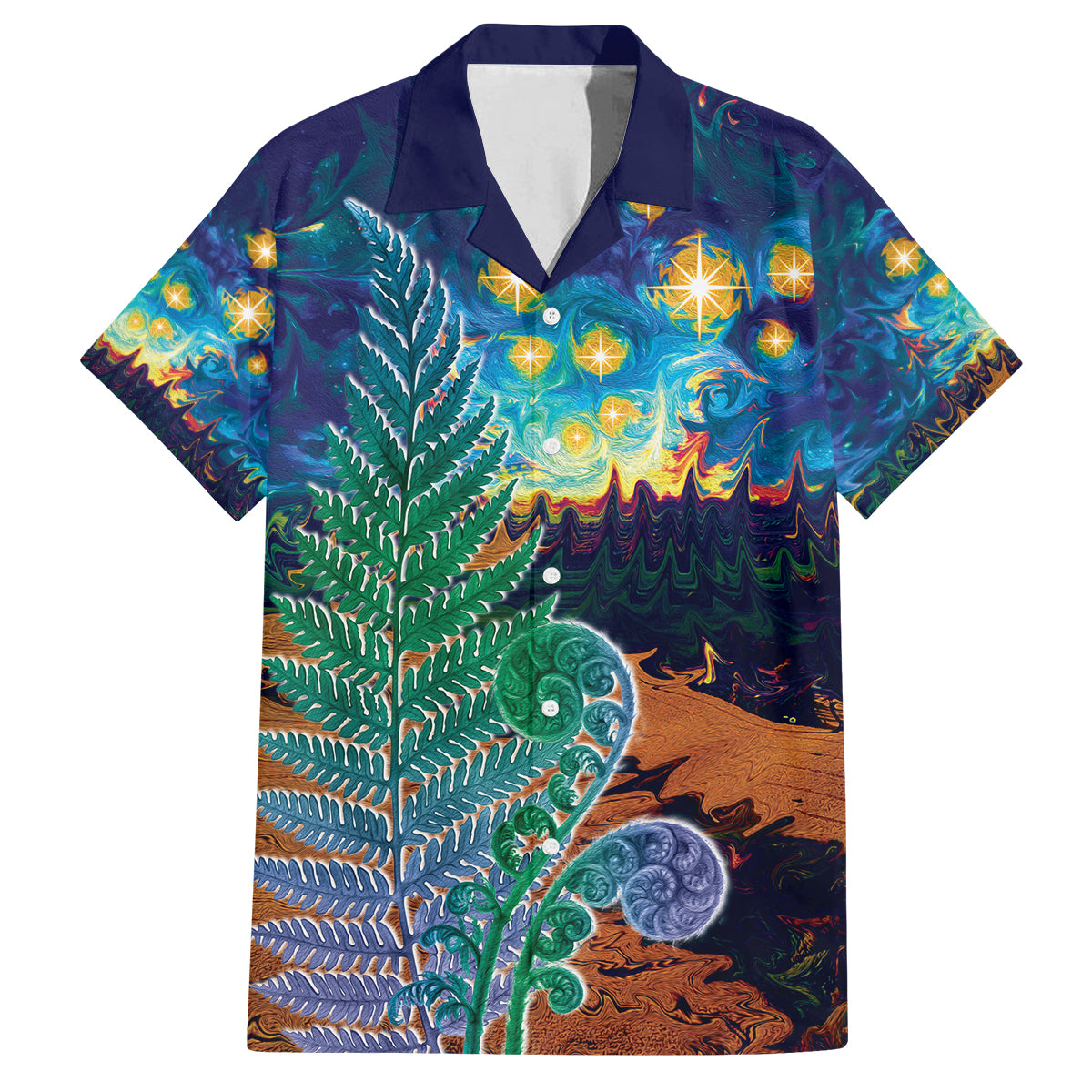 Personalised New Zealand Matariki Art Star Family Matching Tank Maxi Dress and Hawaiian Shirt Koru Fern Night Starry Sky LT9 Dad's Shirt - Short Sleeve Black - Polynesian Pride