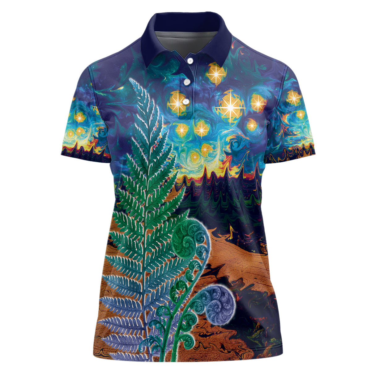 Personalised New Zealand Matariki Art Star Women Polo Shirt Koru Fern Night Starry Sky LT9 Female Black - Polynesian Pride