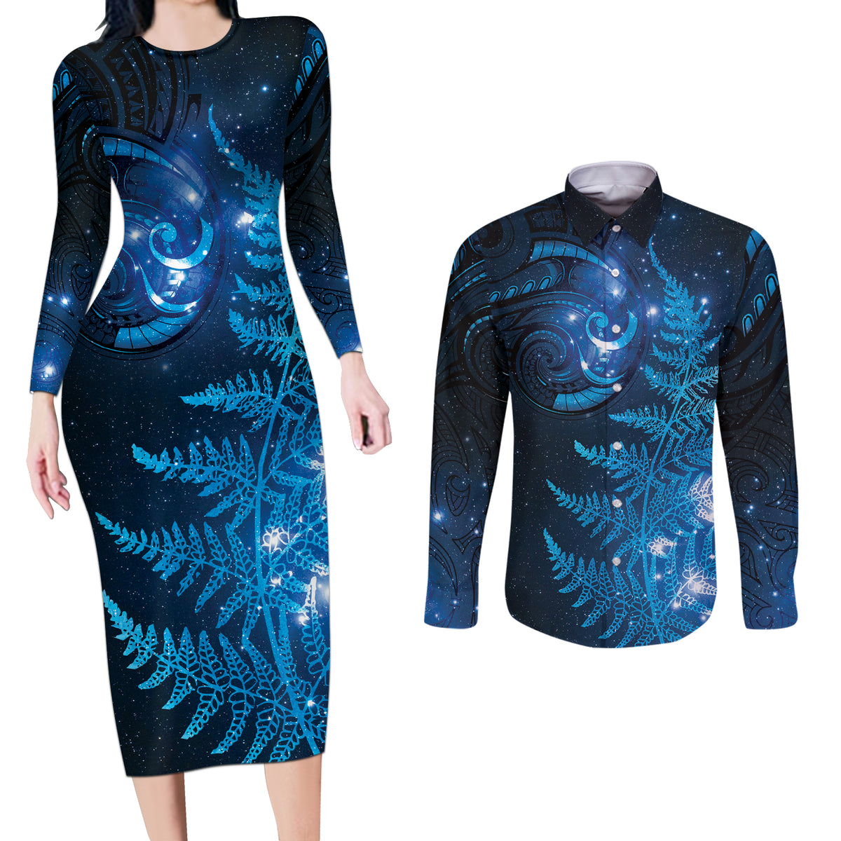 New Zealand Matariki Couples Matching Long Sleeve Bodycon Dress and Long Sleeve Button Shirt Blue Milky Way Stars Night Sky LT9 Blue - Polynesian Pride
