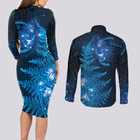 New Zealand Matariki Couples Matching Long Sleeve Bodycon Dress and Long Sleeve Button Shirt Blue Milky Way Stars Night Sky LT9 - Polynesian Pride