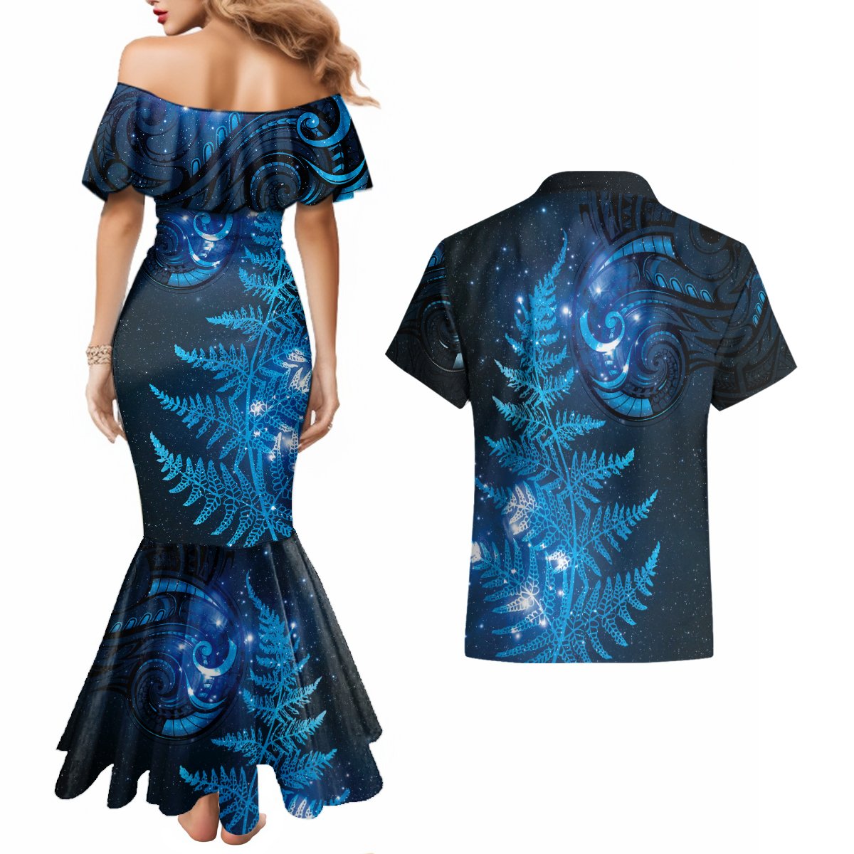 New Zealand Matariki Couples Matching Mermaid Dress and Hawaiian Shirt Blue Milky Way Stars Night Sky LT9 - Polynesian Pride