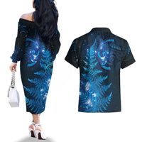 New Zealand Matariki Couples Matching Off The Shoulder Long Sleeve Dress and Hawaiian Shirt Blue Milky Way Stars Night Sky LT9 - Polynesian Pride