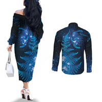 New Zealand Matariki Couples Matching Off The Shoulder Long Sleeve Dress and Long Sleeve Button Shirt Blue Milky Way Stars Night Sky LT9 - Polynesian Pride