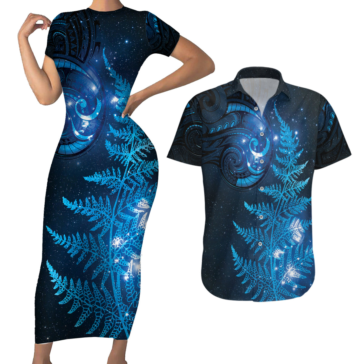 New Zealand Matariki Couples Matching Short Sleeve Bodycon Dress and Hawaiian Shirt Blue Milky Way Stars Night Sky LT9 Blue - Polynesian Pride