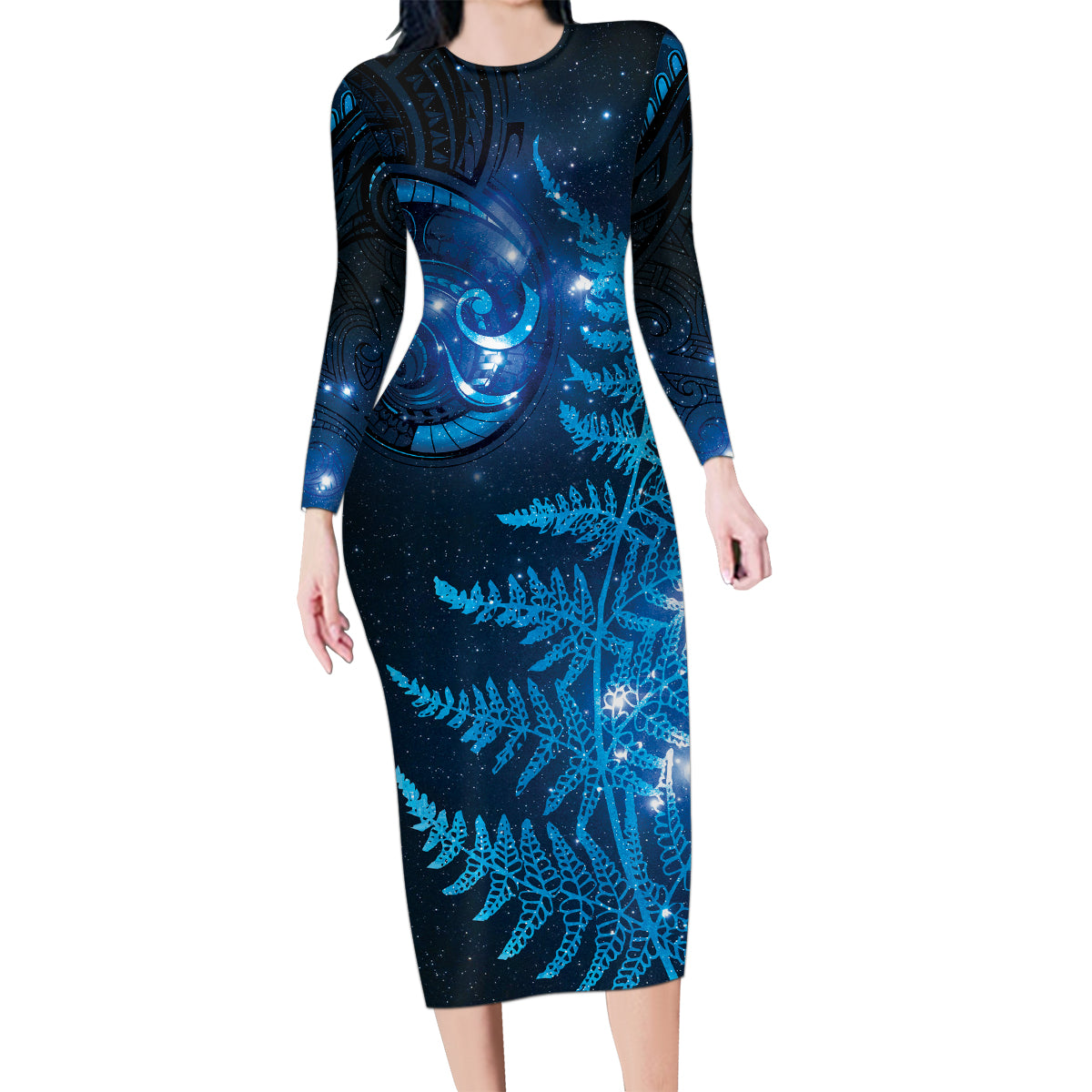 New Zealand Matariki Family Matching Long Sleeve Bodycon Dress and Hawaiian Shirt Blue Milky Way Stars Night Sky LT9 Mom's Dress Blue - Polynesian Pride