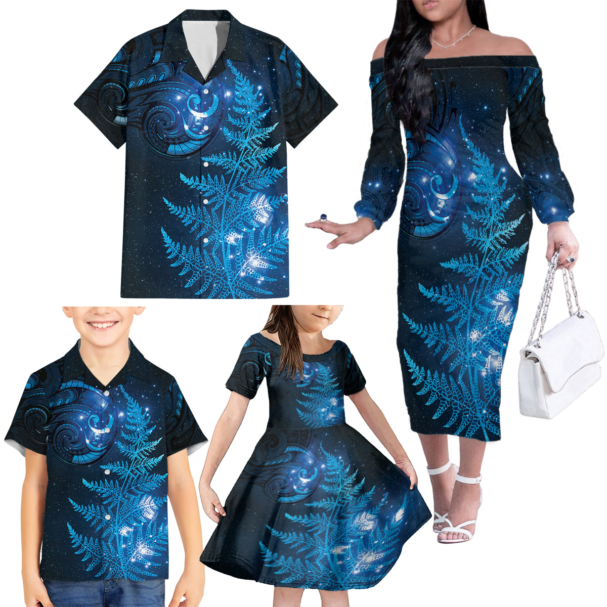 New Zealand Matariki Family Matching Off The Shoulder Long Sleeve Dress and Hawaiian Shirt Blue Milky Way Stars Night Sky LT9 - Polynesian Pride