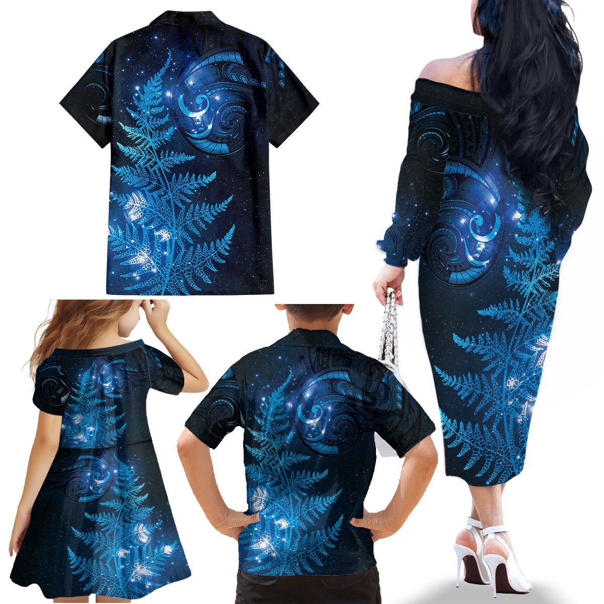 New Zealand Matariki Family Matching Off The Shoulder Long Sleeve Dress and Hawaiian Shirt Blue Milky Way Stars Night Sky LT9 - Polynesian Pride
