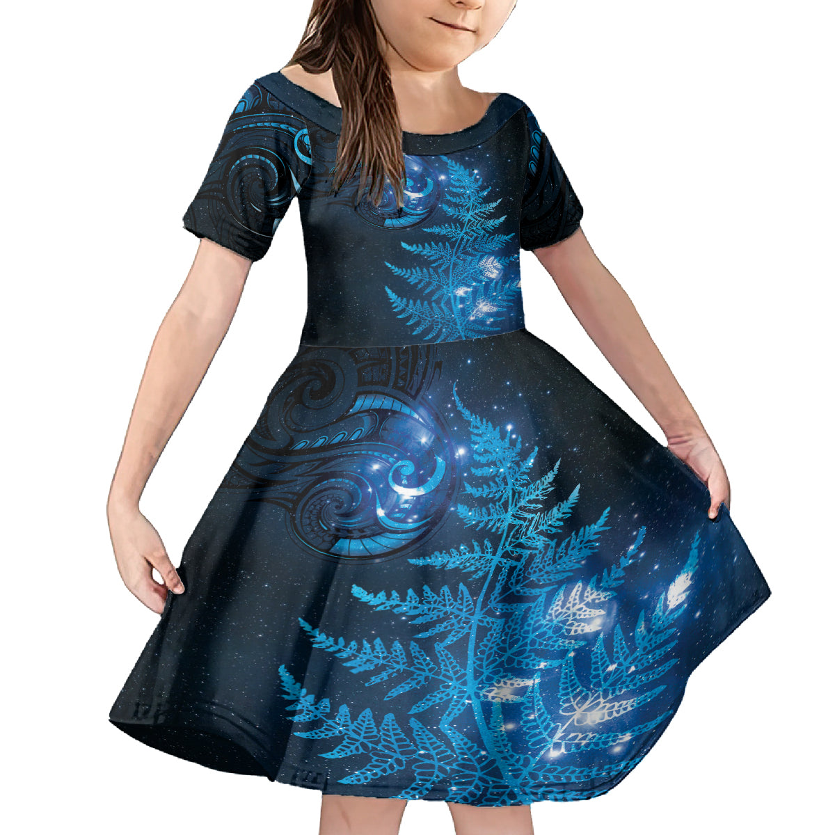 New Zealand Matariki Family Matching Off Shoulder Maxi Dress and Hawaiian Shirt Blue Milky Way Stars Night Sky LT9 Daughter's Dress Blue - Polynesian Pride