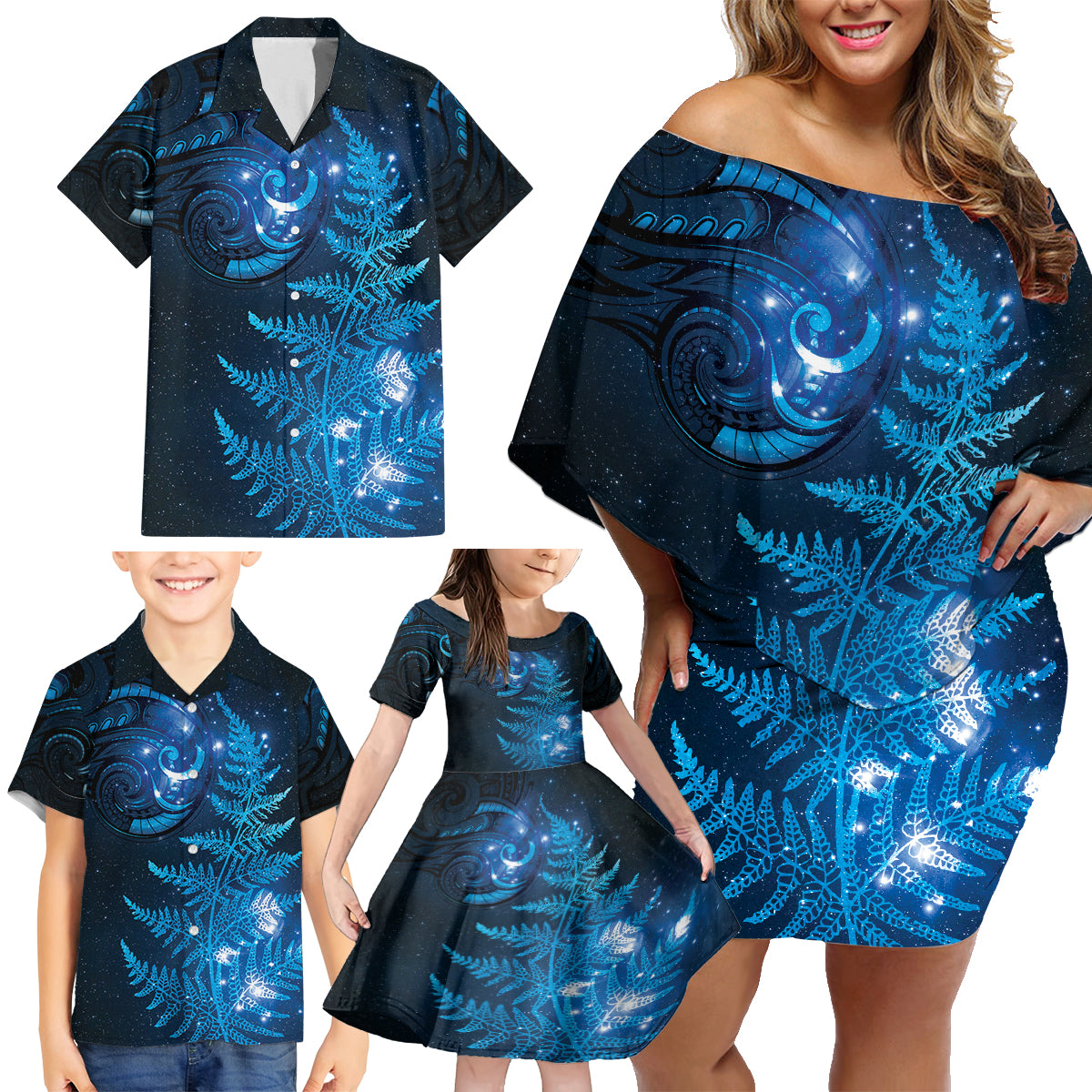 New Zealand Matariki Family Matching Off Shoulder Short Dress and Hawaiian Shirt Blue Milky Way Stars Night Sky LT9 - Polynesian Pride