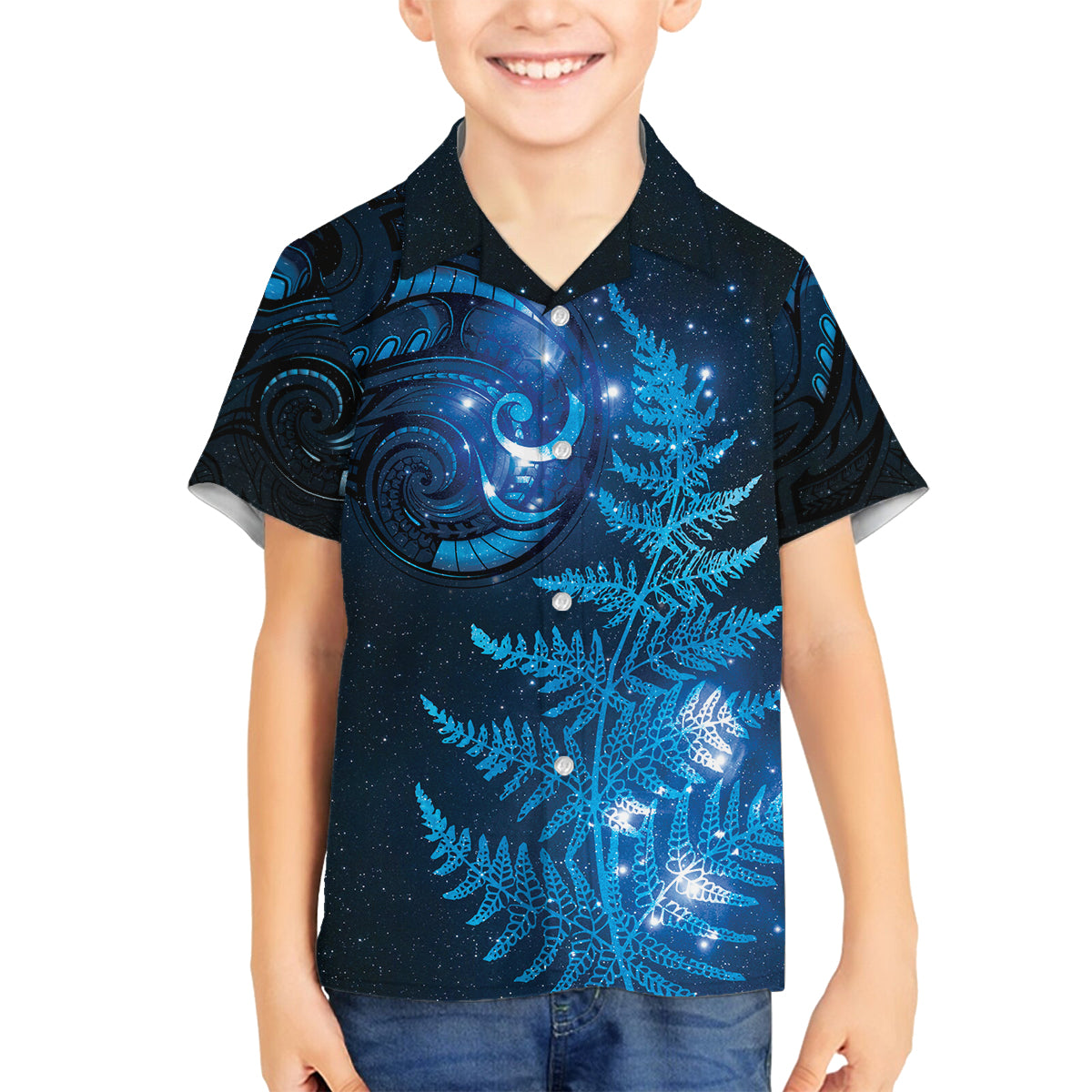 New Zealand Matariki Family Matching Off Shoulder Short Dress and Hawaiian Shirt Blue Milky Way Stars Night Sky LT9 Son's Shirt Blue - Polynesian Pride