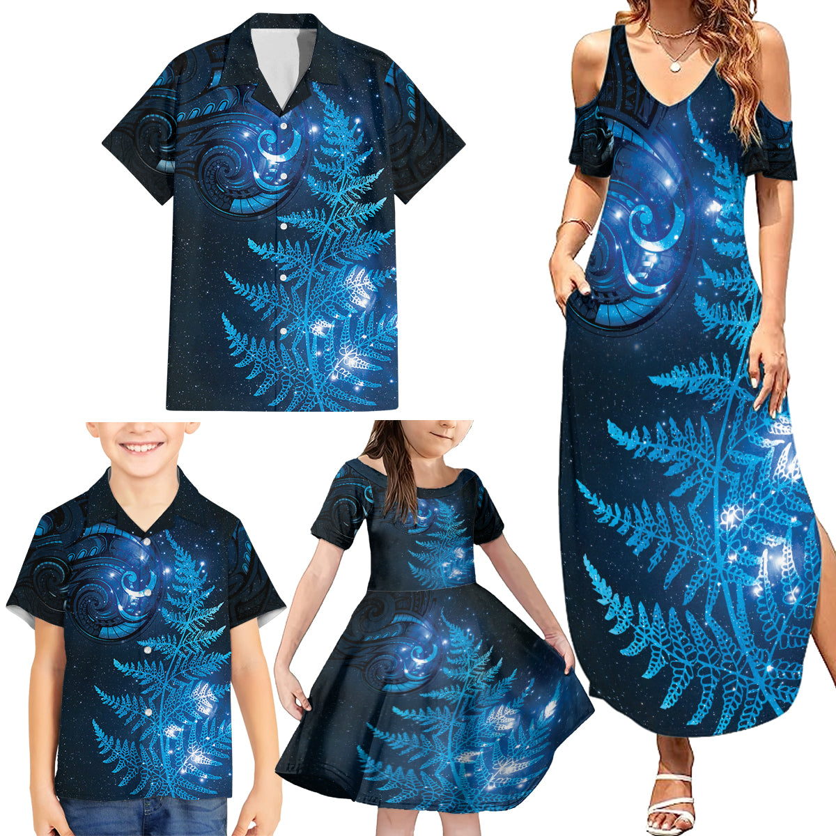 New Zealand Matariki Family Matching Summer Maxi Dress and Hawaiian Shirt Blue Milky Way Stars Night Sky LT9 - Polynesian Pride