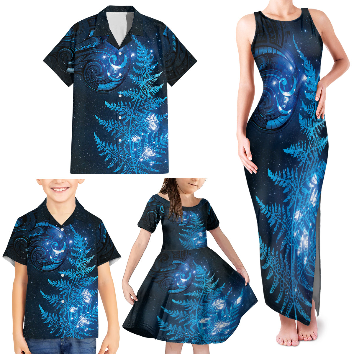 New Zealand Matariki Family Matching Tank Maxi Dress and Hawaiian Shirt Blue Milky Way Stars Night Sky LT9 - Polynesian Pride