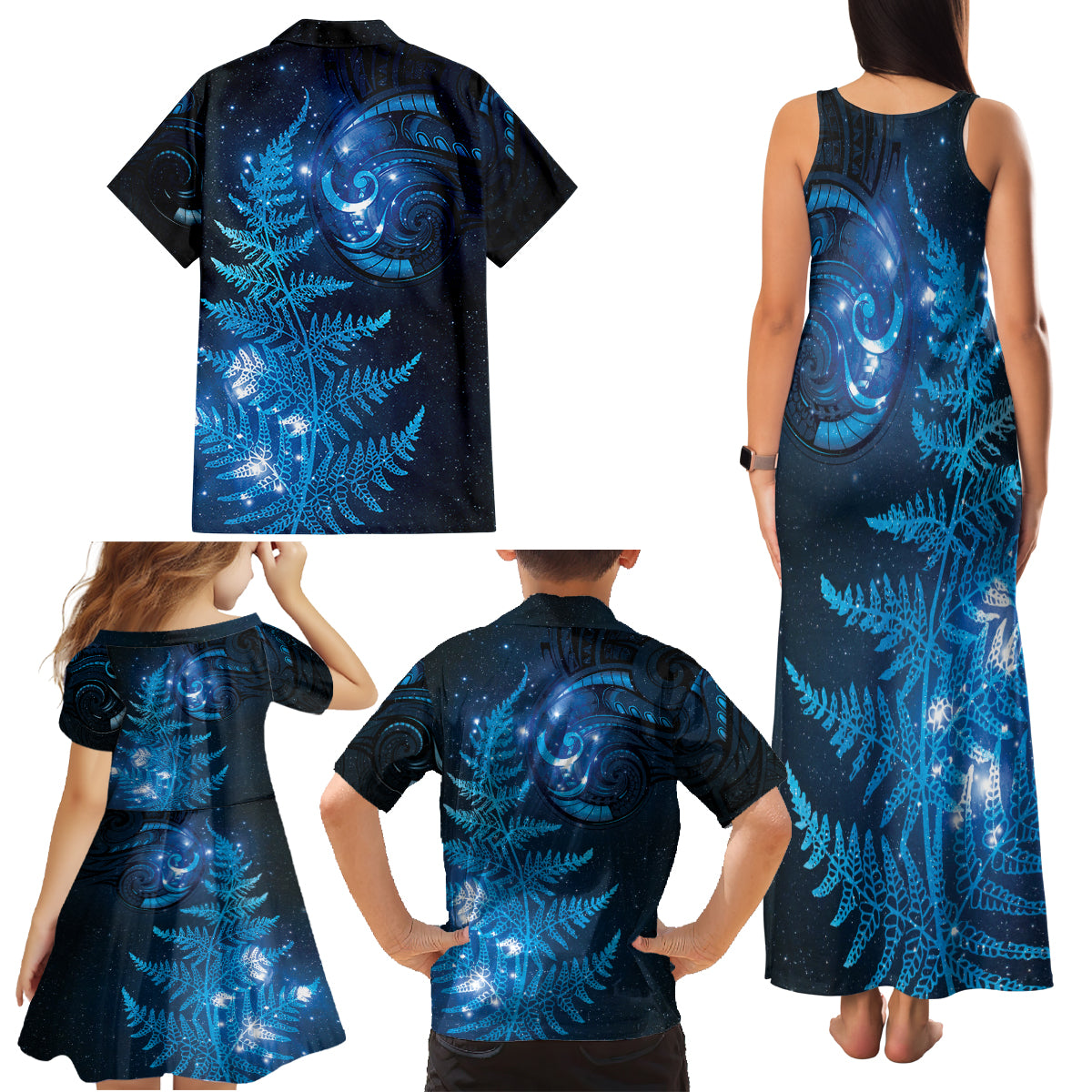 New Zealand Matariki Family Matching Tank Maxi Dress and Hawaiian Shirt Blue Milky Way Stars Night Sky LT9 - Polynesian Pride