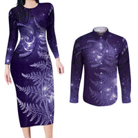 New Zealand Matariki Couples Matching Long Sleeve Bodycon Dress and Long Sleeve Button Shirt Purple Milky Way Stars Night Sky LT9 Purple - Polynesian Pride
