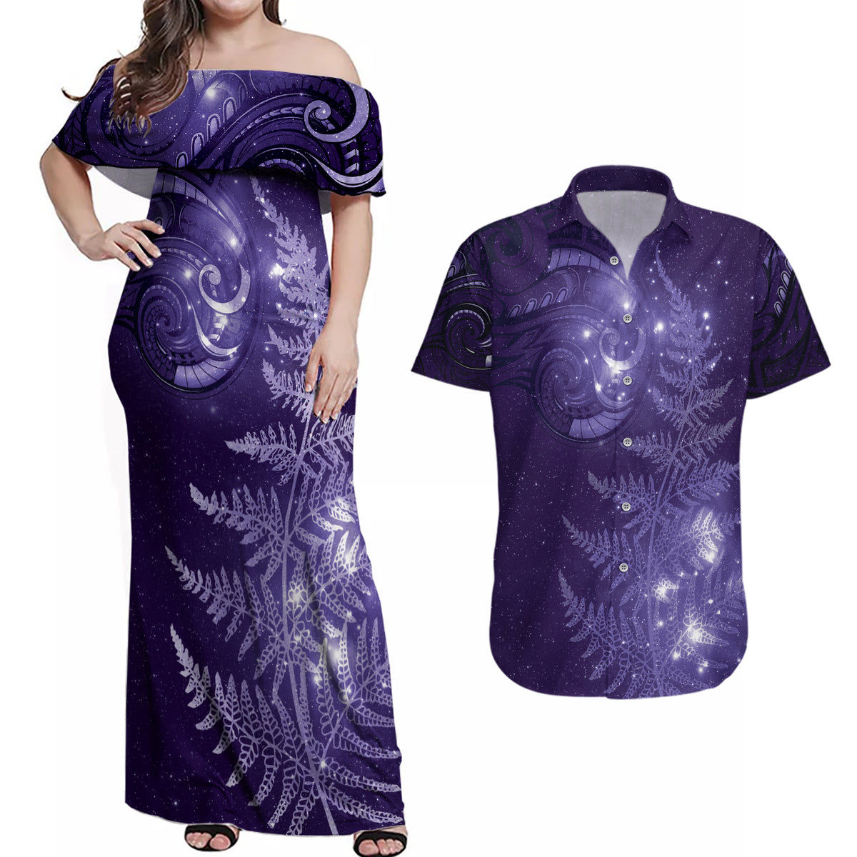 New Zealand Matariki Couples Matching Off Shoulder Maxi Dress and Hawaiian Shirt Purple Milky Way Stars Night Sky LT9 Purple - Polynesian Pride