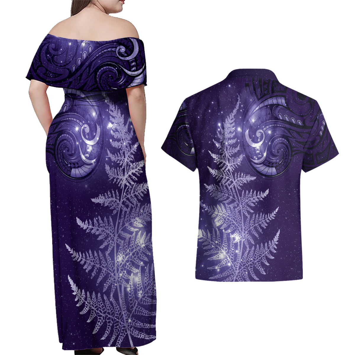 New Zealand Matariki Couples Matching Off Shoulder Maxi Dress and Hawaiian Shirt Purple Milky Way Stars Night Sky LT9 - Polynesian Pride