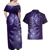 New Zealand Matariki Couples Matching Off Shoulder Maxi Dress and Hawaiian Shirt Purple Milky Way Stars Night Sky LT9 - Polynesian Pride
