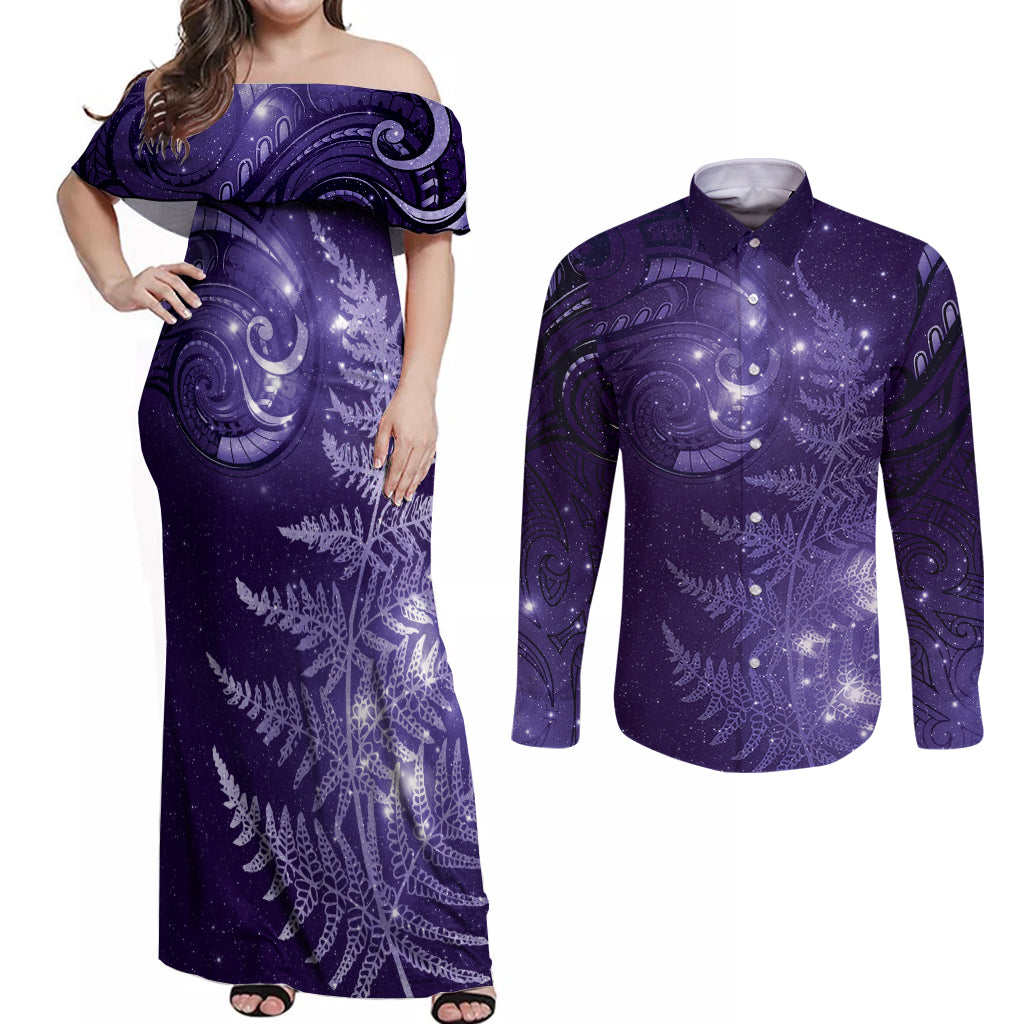 New Zealand Matariki Couples Matching Off Shoulder Maxi Dress and Long Sleeve Button Shirt Purple Milky Way Stars Night Sky LT9 Purple - Polynesian Pride
