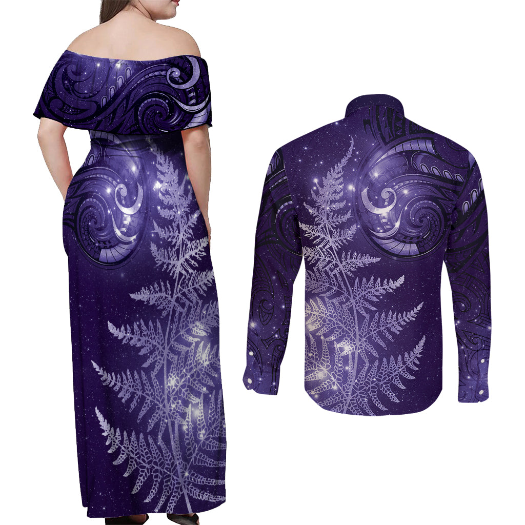 New Zealand Matariki Couples Matching Off Shoulder Maxi Dress and Long Sleeve Button Shirt Purple Milky Way Stars Night Sky LT9 - Polynesian Pride