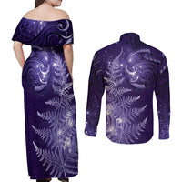 New Zealand Matariki Couples Matching Off Shoulder Maxi Dress and Long Sleeve Button Shirt Purple Milky Way Stars Night Sky LT9 - Polynesian Pride