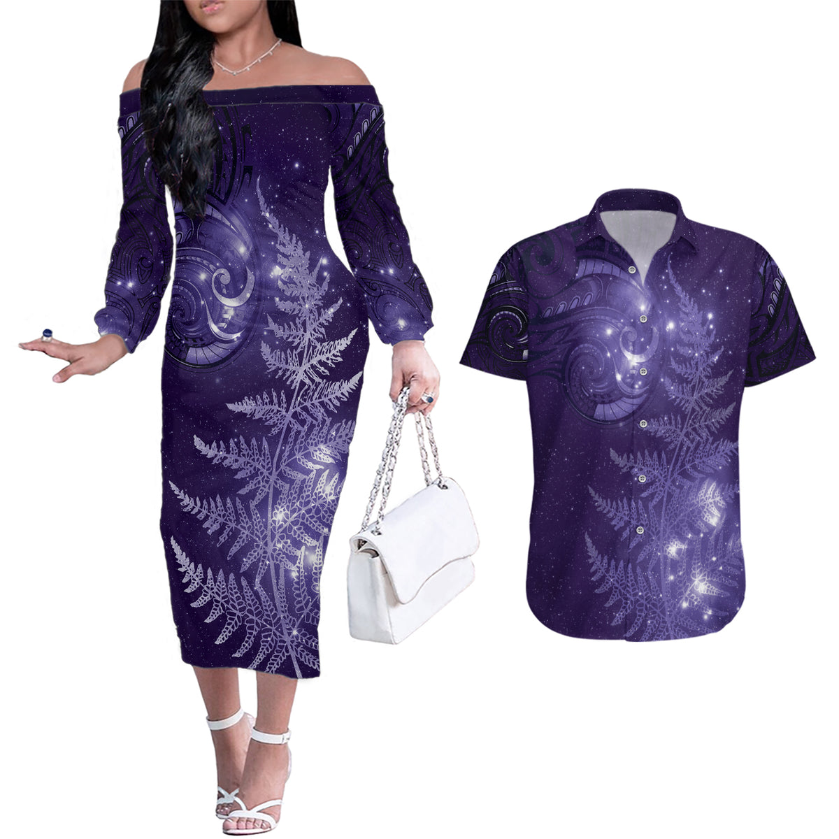 New Zealand Matariki Couples Matching Off The Shoulder Long Sleeve Dress and Hawaiian Shirt Purple Milky Way Stars Night Sky LT9 Purple - Polynesian Pride