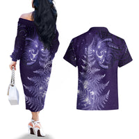 New Zealand Matariki Couples Matching Off The Shoulder Long Sleeve Dress and Hawaiian Shirt Purple Milky Way Stars Night Sky LT9 - Polynesian Pride