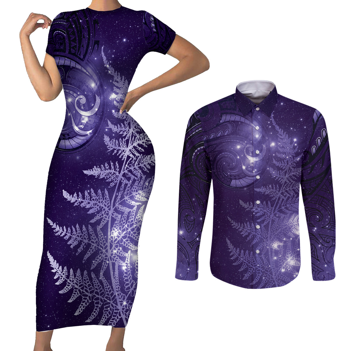 New Zealand Matariki Couples Matching Short Sleeve Bodycon Dress and Long Sleeve Button Shirt Purple Milky Way Stars Night Sky LT9 Purple - Polynesian Pride