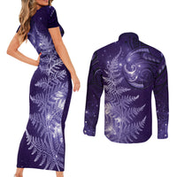 New Zealand Matariki Couples Matching Short Sleeve Bodycon Dress and Long Sleeve Button Shirt Purple Milky Way Stars Night Sky LT9 - Polynesian Pride