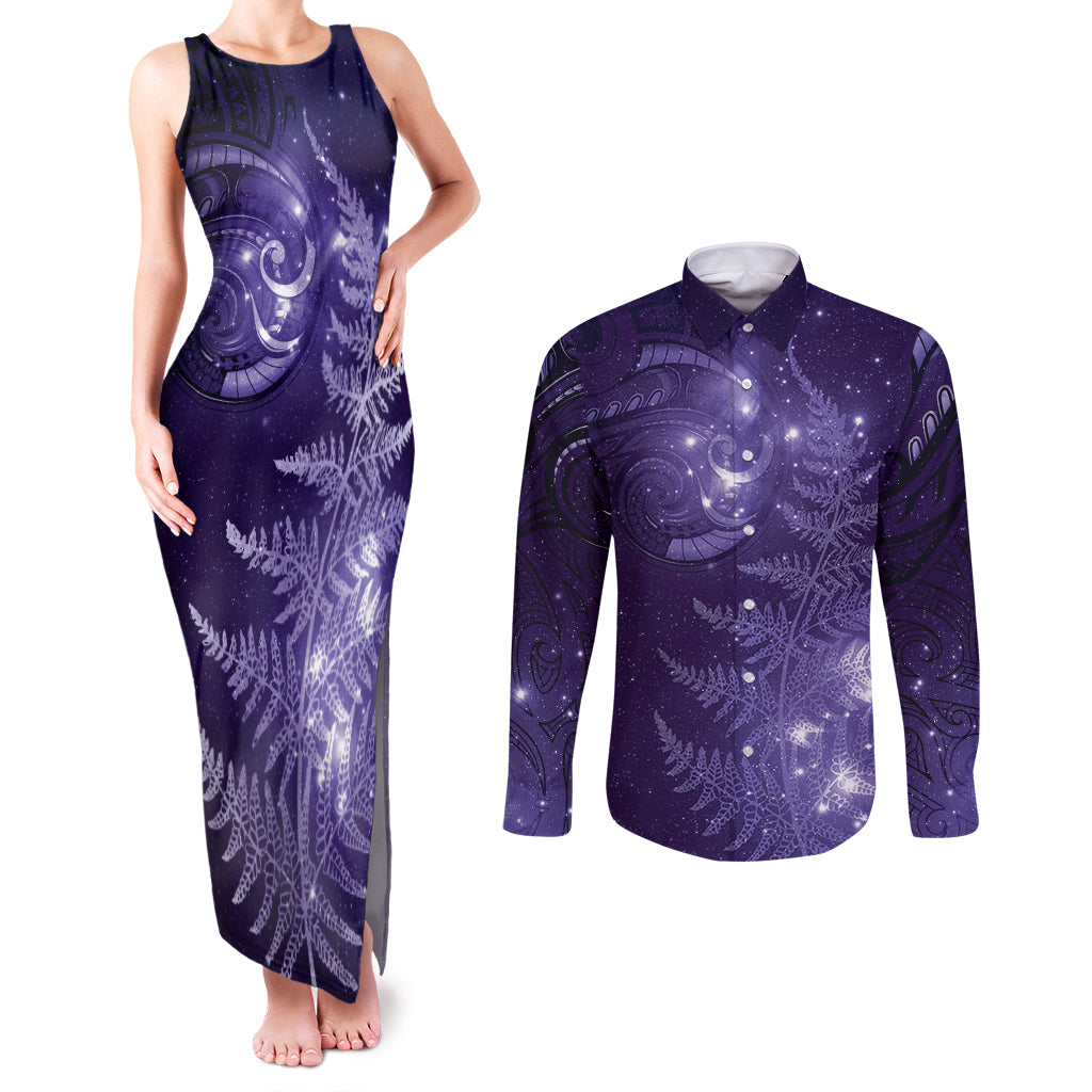 New Zealand Matariki Couples Matching Tank Maxi Dress and Long Sleeve Button Shirt Purple Milky Way Stars Night Sky LT9 Purple - Polynesian Pride