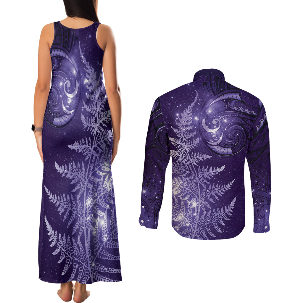 New Zealand Matariki Couples Matching Tank Maxi Dress and Long Sleeve Button Shirt Purple Milky Way Stars Night Sky LT9 - Polynesian Pride