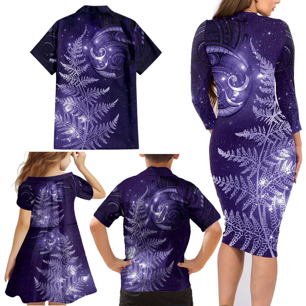 New Zealand Matariki Family Matching Long Sleeve Bodycon Dress and Hawaiian Shirt Purple Milky Way Stars Night Sky LT9 - Polynesian Pride